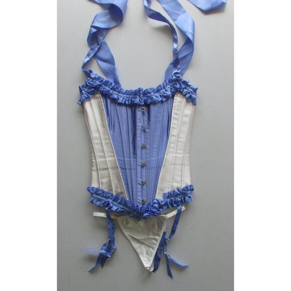 Blue Cream Ruffled Steel Boned Corset Set - NEW - Picture 4 of 13